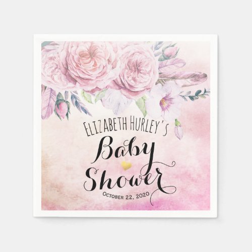 Baby Shower Watercolor Bohemian Flowers  Feathers Napkins