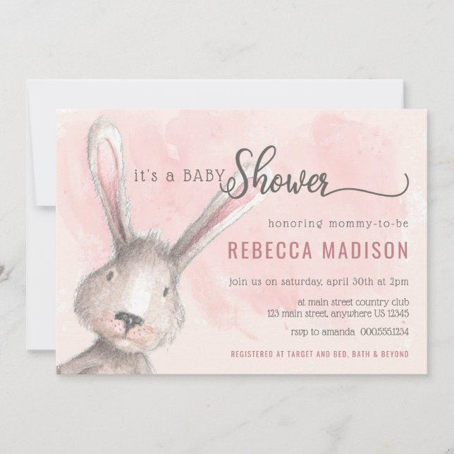 Baby Shower Watercolor Bunny Invitation (Front)