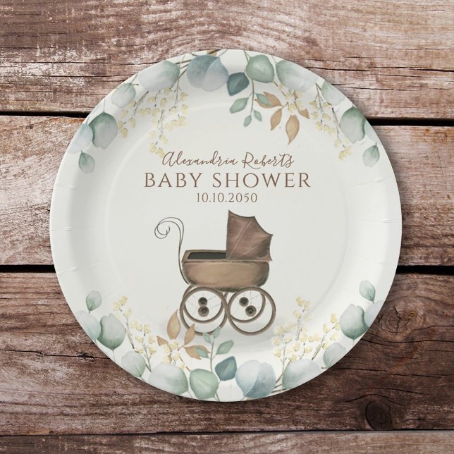 Baby Shower Watercolor Cute Eucalyptus Leaves Paper Plates (Creator Uploaded)