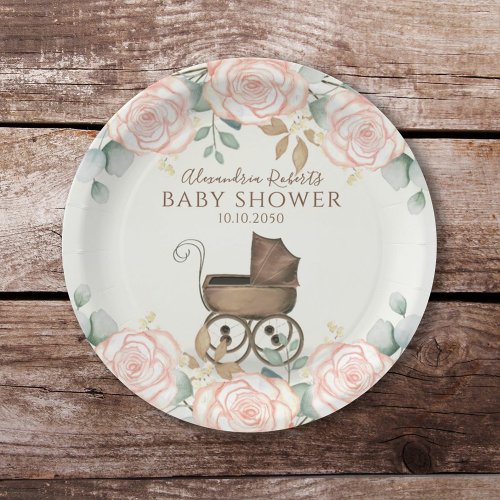 Baby Shower Watercolor Cute Girl Eucalyptus Floral Paper Plates