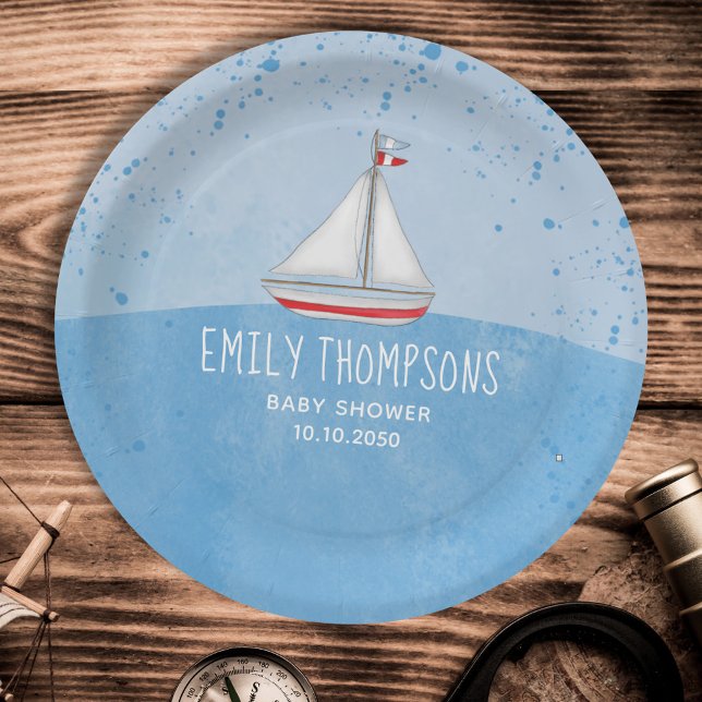 Baby Shower Watercolor Cute Whimsical Sailboat Paper Plates (Creator Uploaded)