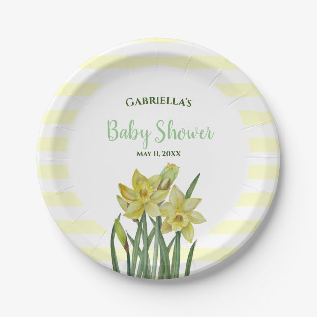 Baby Shower Watercolor Daffodils Illustration Paper Plates (Front)