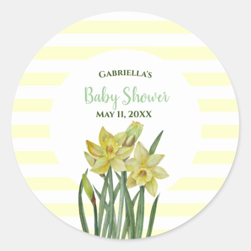 Baby Shower Watercolor Daffodils White Stripes Classic Round Sticker