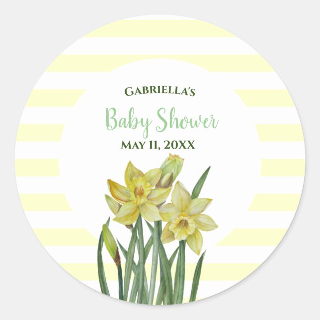 Baby Shower Watercolor Daffodils White Stripes Classic Round Sticker (Front)
