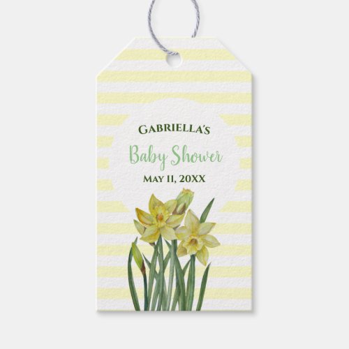 Baby Shower Watercolor Daffodils White Stripes Gift Tags