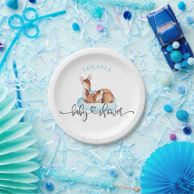 Baby Shower Watercolor Deer Blue Cloud Paper Plates (Party)