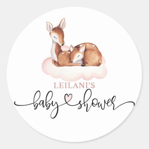 Baby Shower Watercolor Deer Pink Cloud Classic Round Sticker