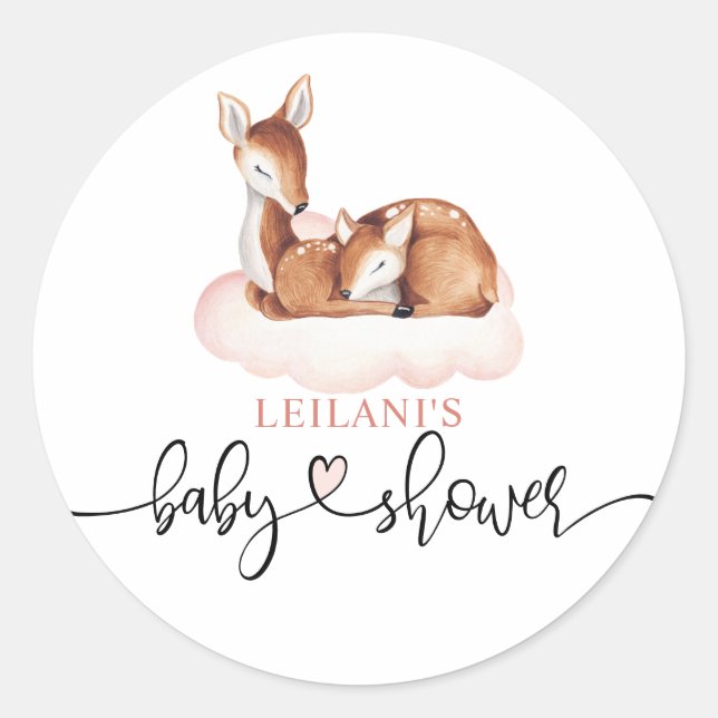 Baby Shower Watercolor Deer Pink Cloud Classic Round Sticker (Front)