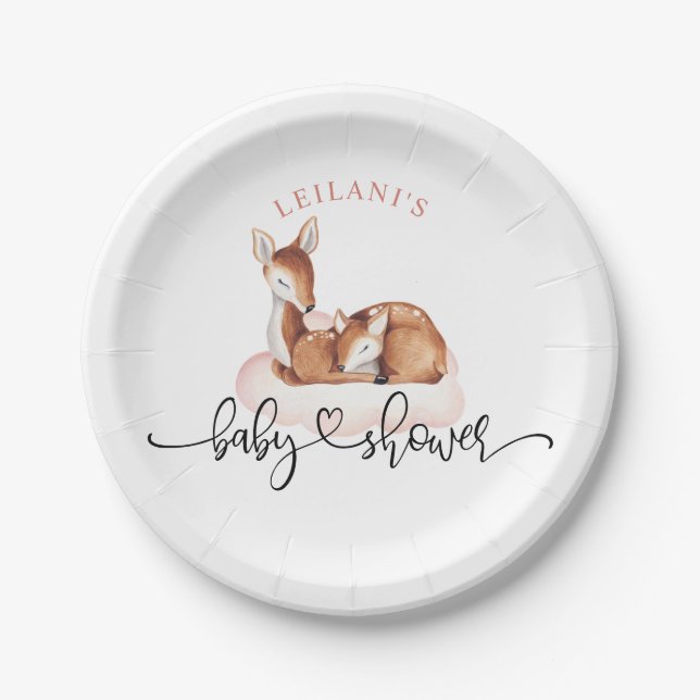 Baby Shower Watercolor Deer Pink Cloud Paper Plates (Front)