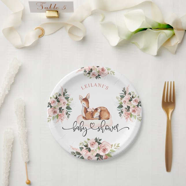 Baby Shower Watercolor Deer Pink Floral Paper Plates (Wedding)