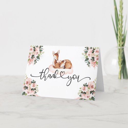 Baby Shower Watercolor Deer Pink Floral Thank You Card