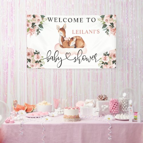 Baby Shower Watercolor Deer Pink Floral Welcome Banner