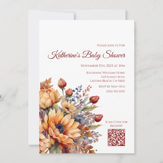 Baby Shower-Watercolor Fall Flowers- Invitation (Front)
