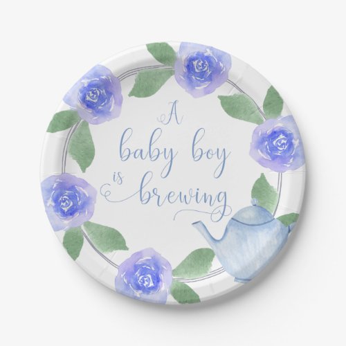Baby Shower Watercolor Floral Baby Boy is Brewing Paper Plates