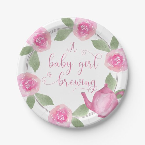 Baby Shower Watercolor Floral Baby Girl is Brewing Paper Plates