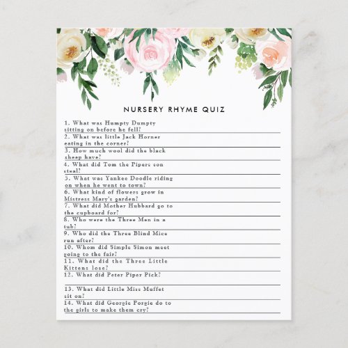 Baby shower watercolor floral nursery rhyme game
