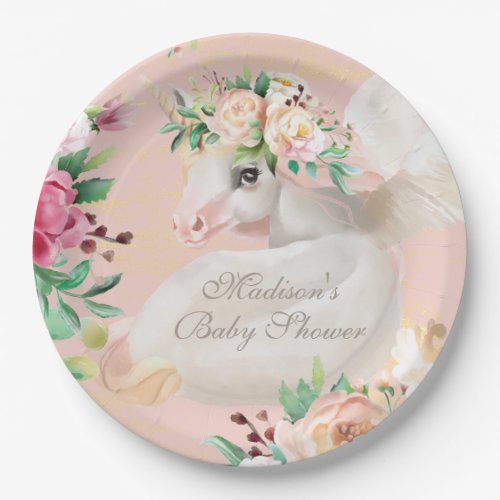 Baby Shower Watercolor Floral Unicorn Personalized Paper Plates