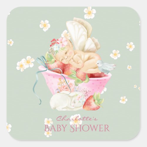 Baby Shower Watercolor Girl Fairy Cute Rabbit Square Sticker