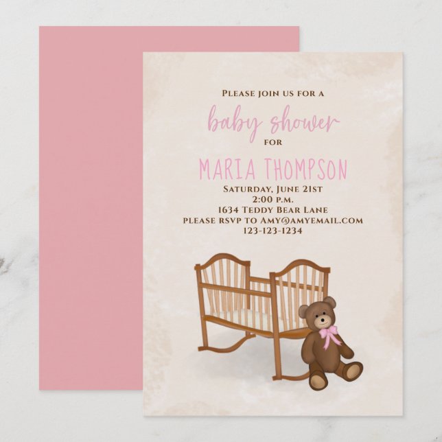 Baby Shower Watercolor Girl Rustic Stuffed Animal Invitation (Front/Back)