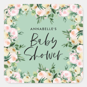 Baby shower watercolor green girly floral script square sticker