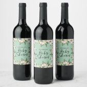 Baby shower watercolor green girly floral script wine label (Bottles)