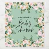 Baby shower watercolor green girly floral script wine label (Single Label)