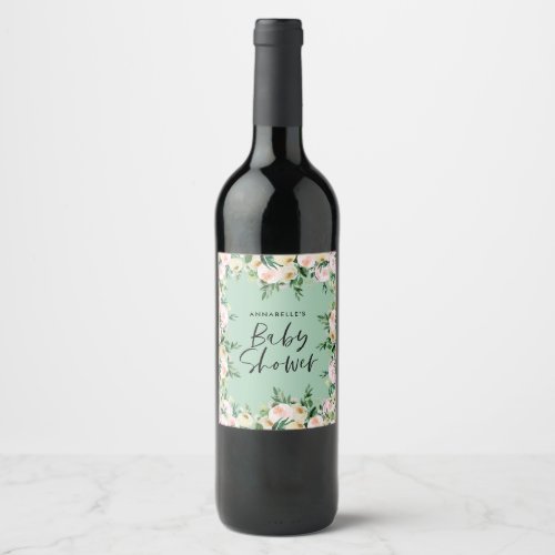 Baby shower watercolor green girly floral script wine label