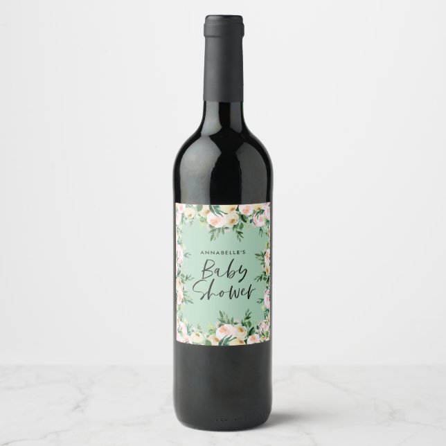Baby shower watercolor green girly floral script wine label (Front)