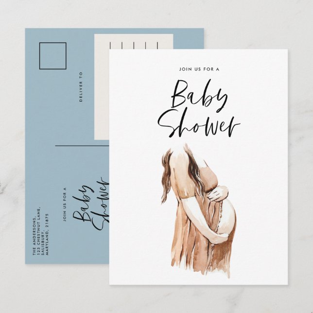 Baby shower watercolor illustration simple script invitation postcard (Front/Back)