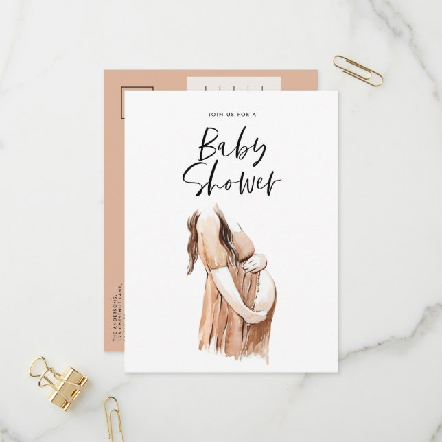 Baby shower watercolor illustration simple script invitation postcard (Front/Back In Situ)