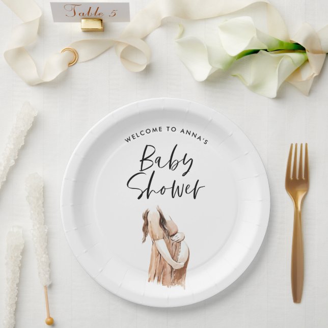 Baby shower watercolor illustration simple script paper plates (Wedding)