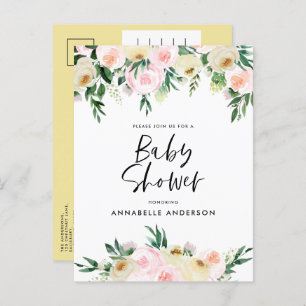 Baby shower watercolor lemon girly floral script invitation postcard