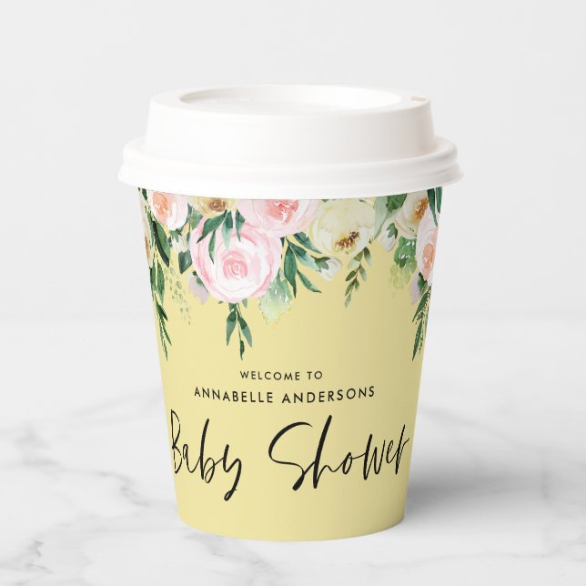Baby shower watercolor lemon pink floral script paper cups (Front)