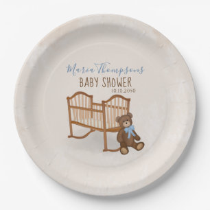 Baby Shower Watercolor Modern Teddy Bear Cradle Paper Plates