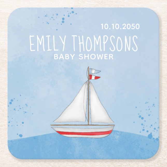 Baby Shower Watercolor Nautical Ship Whimsical Square Paper Coaster (Front)