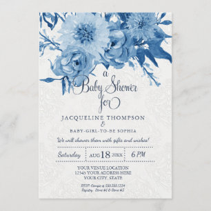 Baby Shower Watercolor Navy Blue n White Floral Invitation