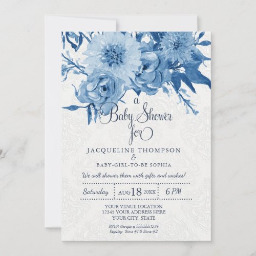 Baby Shower Watercolor Navy Blue n White Floral Invitation
