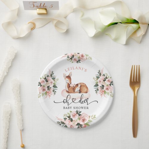 Baby Shower Watercolor Oh Deer Pink Floral Paper Plates