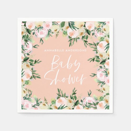 Baby shower watercolor peach floral green girly napkins