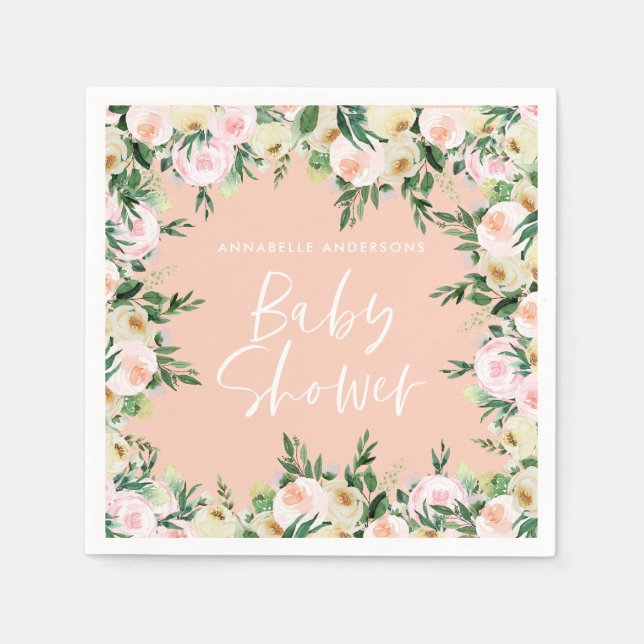 Baby shower watercolor peach floral green girly napkins (Front)