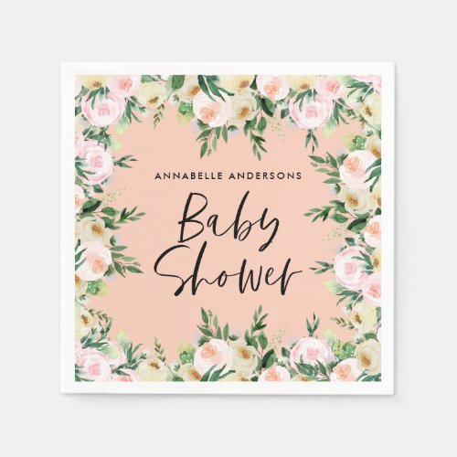 Baby shower watercolor peach girly floral script napkins