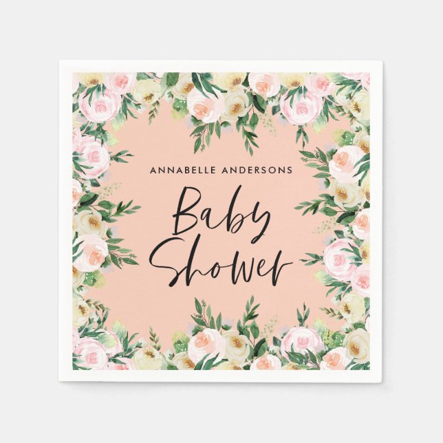 Baby shower watercolor peach girly floral script napkins (Front)