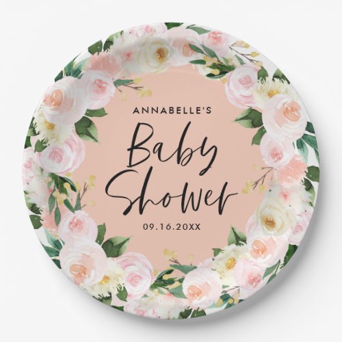 Baby shower watercolor peach girly floral script paper plates