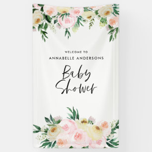Baby shower watercolor peach pink floral script banner