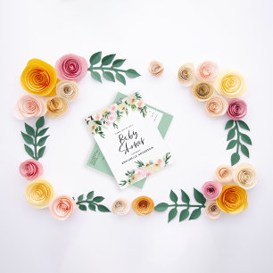 Baby shower watercolor peach pink floral script invitation postcard