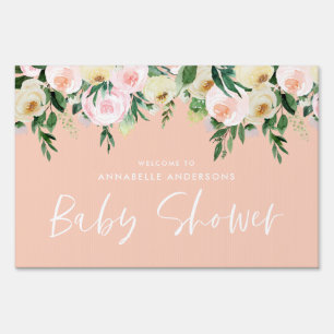 Baby shower watercolor peach pink floral script sign