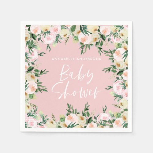Baby shower watercolor pink floral green girly napkins