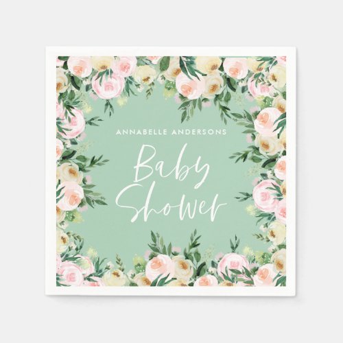Baby shower watercolor pink floral green girly napkins
