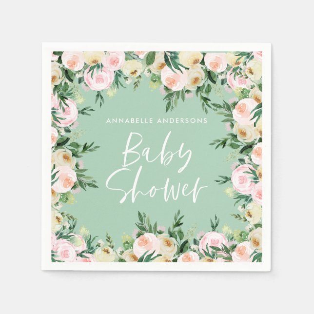 Baby shower watercolor pink floral green girly napkins (Front)