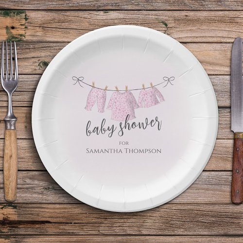 Baby Shower Watercolor Pink Girl Clothesline Paper Plates